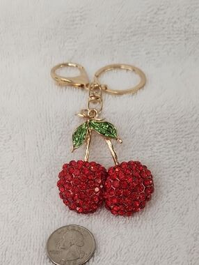 NWOT Gold-Tone Cherry Key & Bag Charm in Red and Green